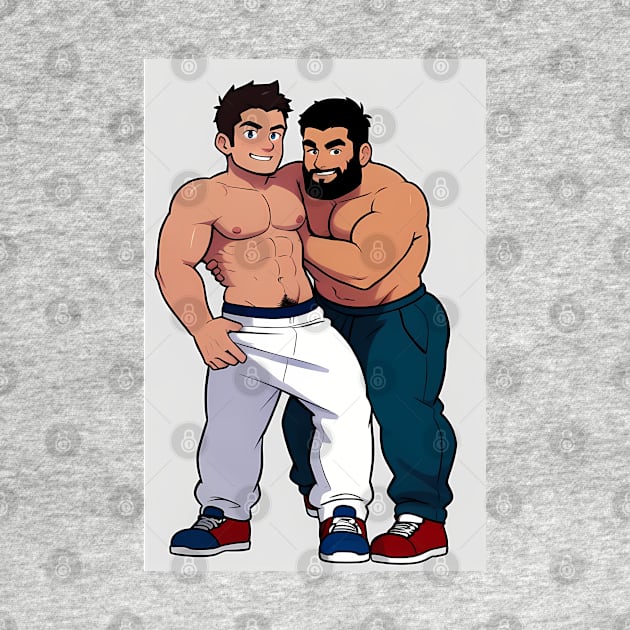 Cartoon of two toned topless guys in sweatpants, play wrestling by YasBro